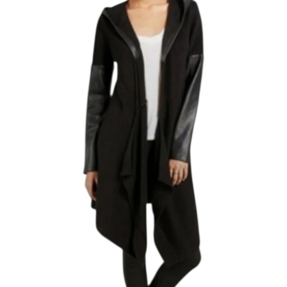 Blank NYC Hooded Sweater Coat Faux Leather Sleeves & Hood Small